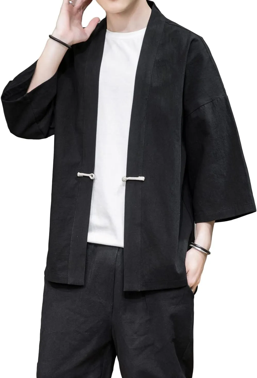 PRIJOUHE Men's Kimono Jackets Cardigan Casual Cotton Blends Linen Seven Sleeve Open Front Embroidery Coat