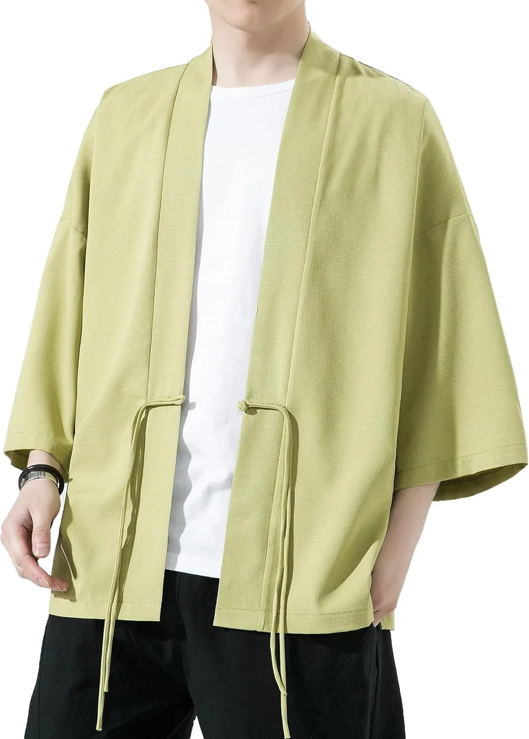 PRIJOUHE Men's Kimono Jackets Cardigan Casual Cotton Blends Linen Seven Sleeve Open Front Embroidery Coat