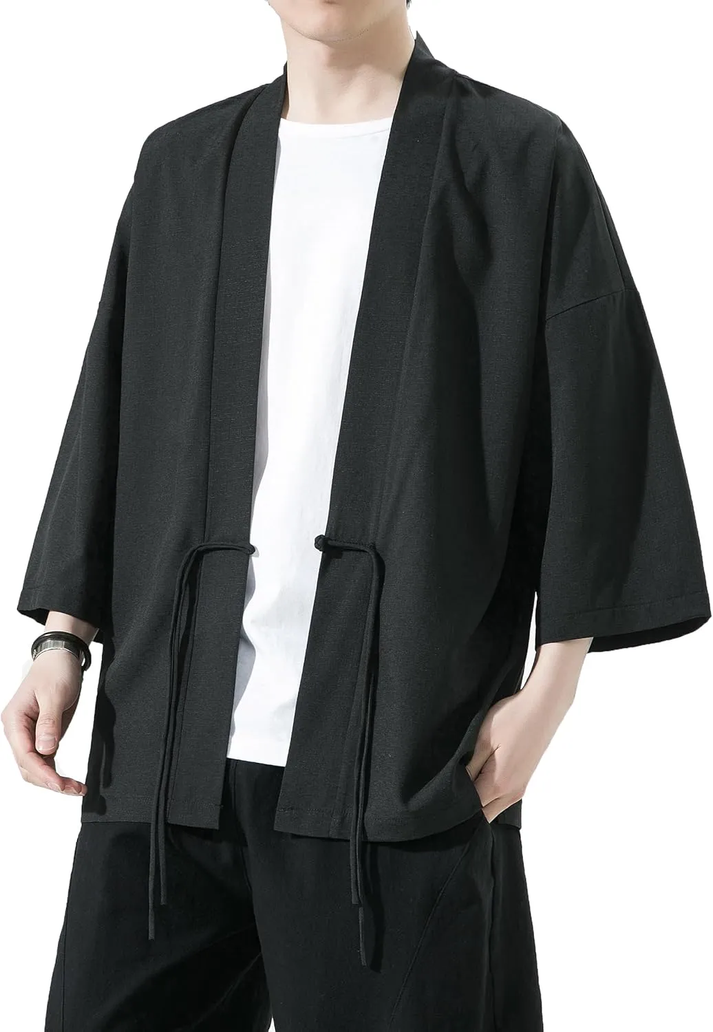 PRIJOUHE Men's Kimono Jackets Cardigan Casual Cotton Blends Linen Seven Sleeve Open Front Embroidery Coat