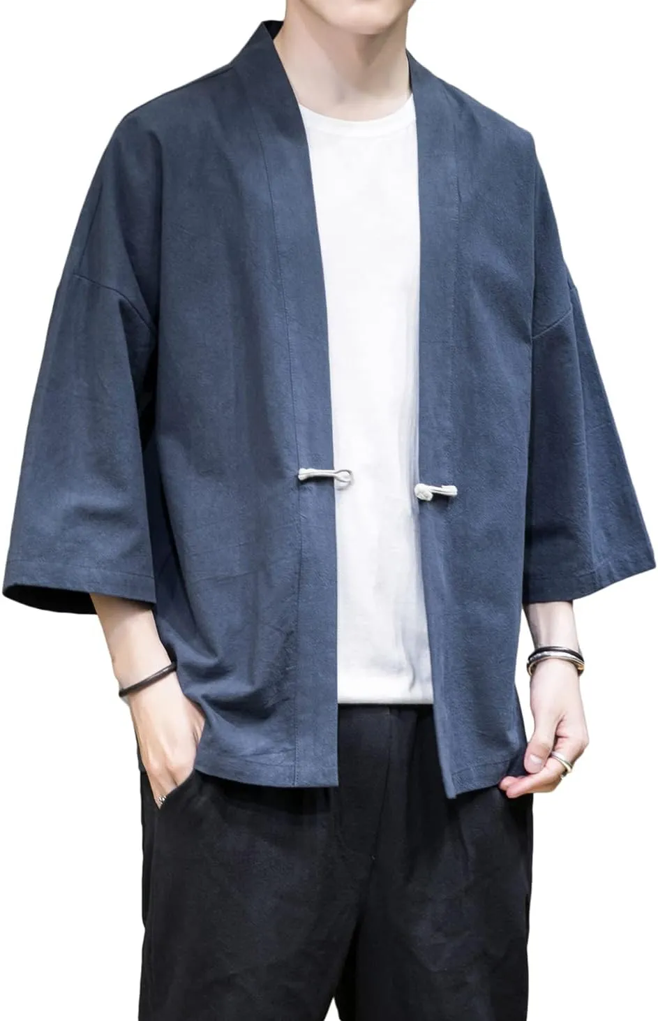 PRIJOUHE Men's Kimono Jackets Cardigan Casual Cotton Blends Linen Seven Sleeve Open Front Embroidery Coat