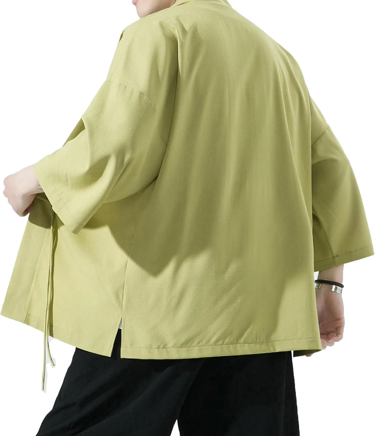 PRIJOUHE Men's Kimono Jackets Cardigan Casual Cotton Blends Linen Seven Sleeve Open Front Embroidery Coat