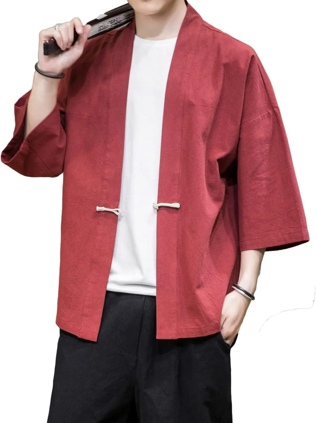 PRIJOUHE Men's Kimono Jackets Cardigan Casual Cotton Blends Linen Seven Sleeve Open Front Embroidery Coat