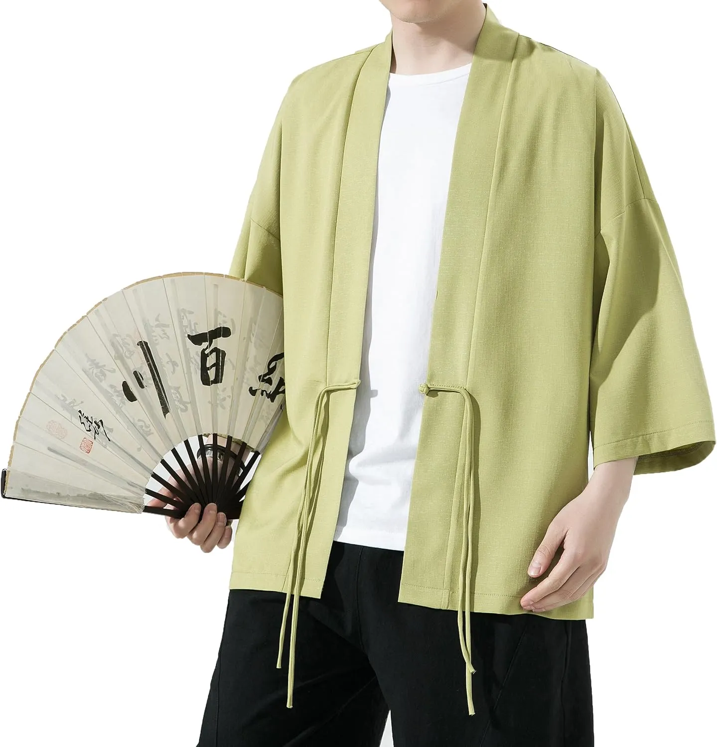 PRIJOUHE Men's Kimono Jackets Cardigan Casual Cotton Blends Linen Seven Sleeve Open Front Embroidery Coat