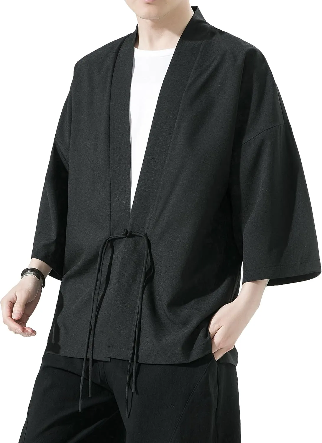 PRIJOUHE Men's Kimono Jackets Cardigan Casual Cotton Blends Linen Seven Sleeve Open Front Embroidery Coat