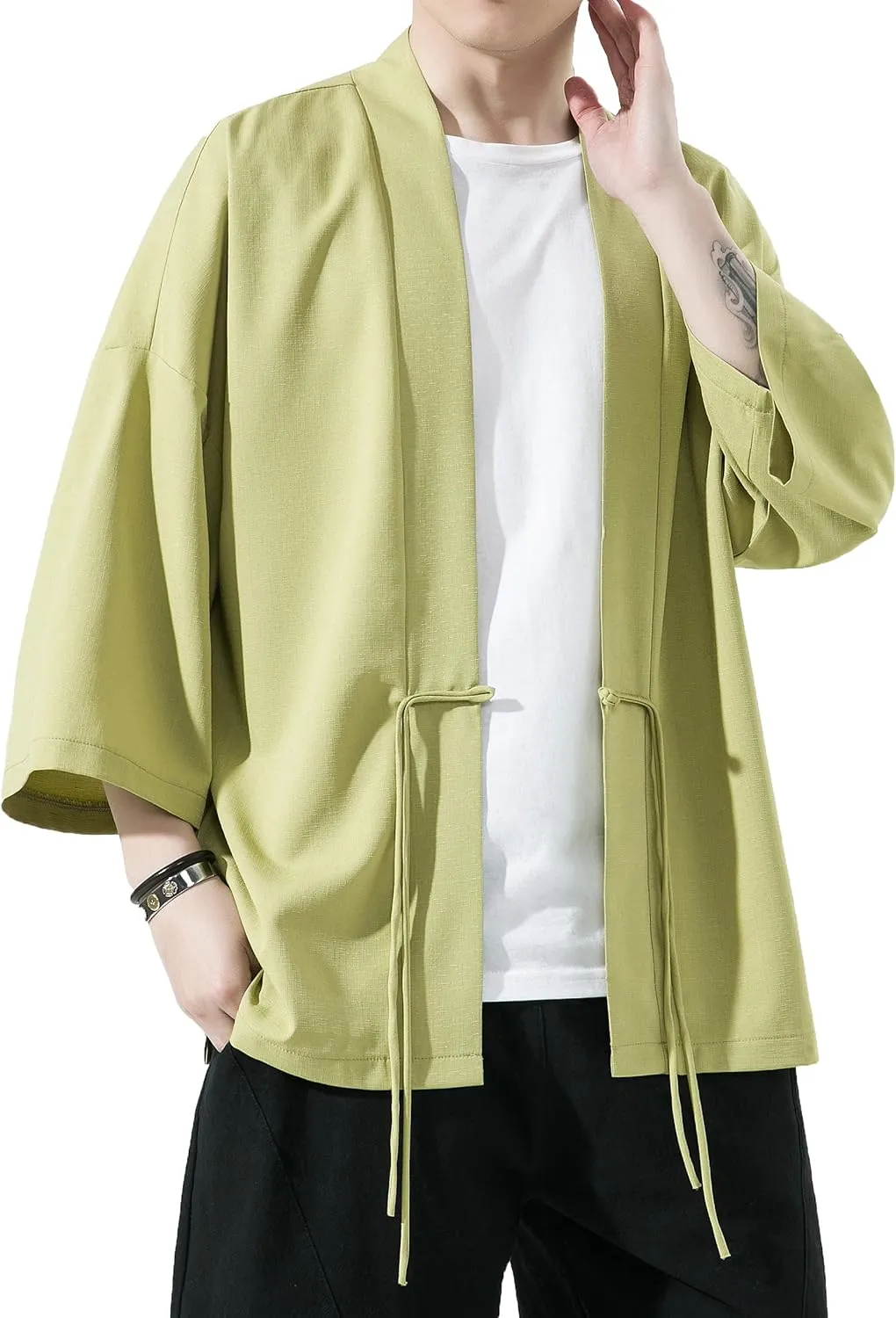 PRIJOUHE Men's Kimono Jackets Cardigan Casual Cotton Blends Linen Seven Sleeve Open Front Embroidery Coat
