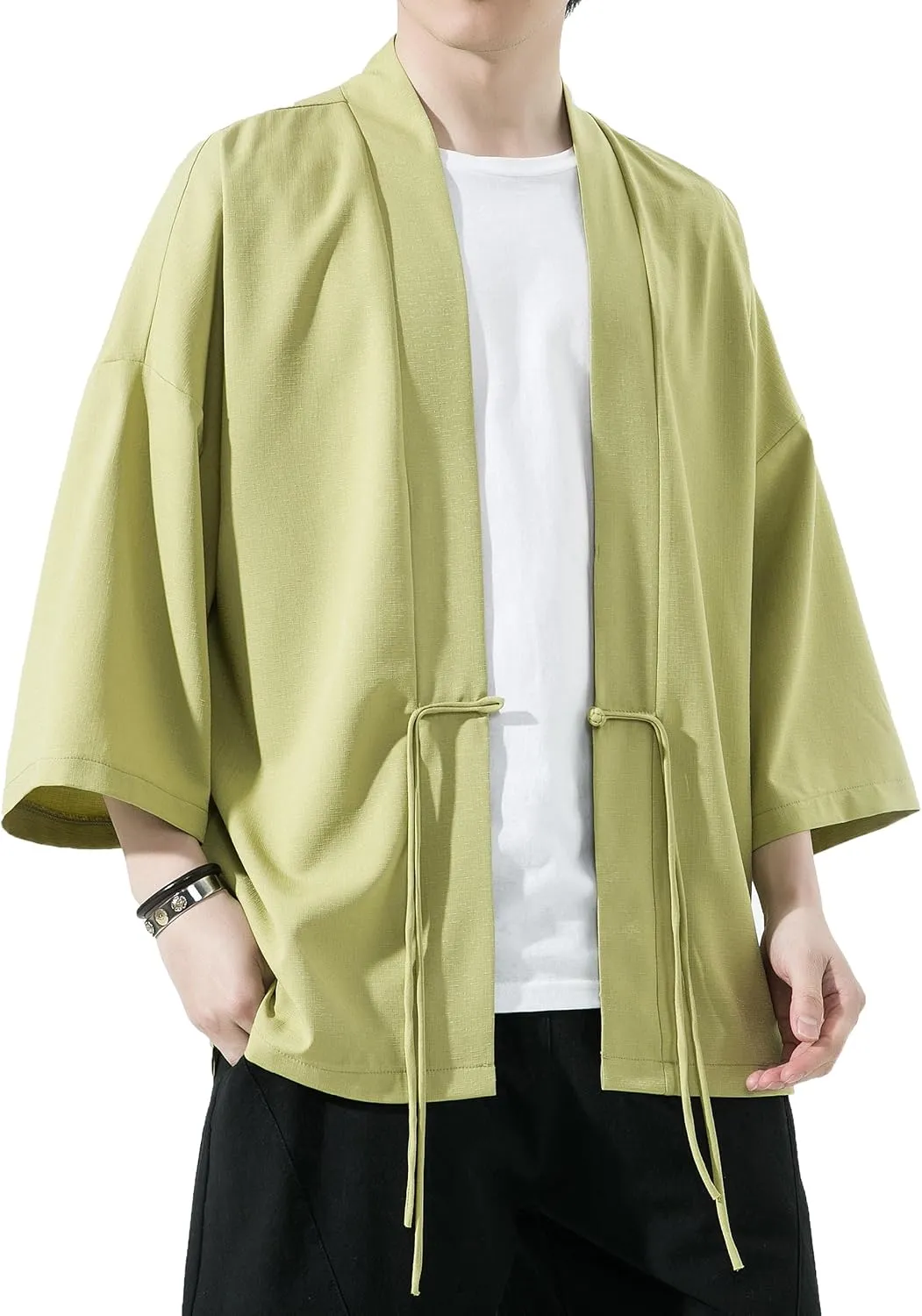 PRIJOUHE Men's Kimono Jackets Cardigan Casual Cotton Blends Linen Seven Sleeve Open Front Embroidery Coat