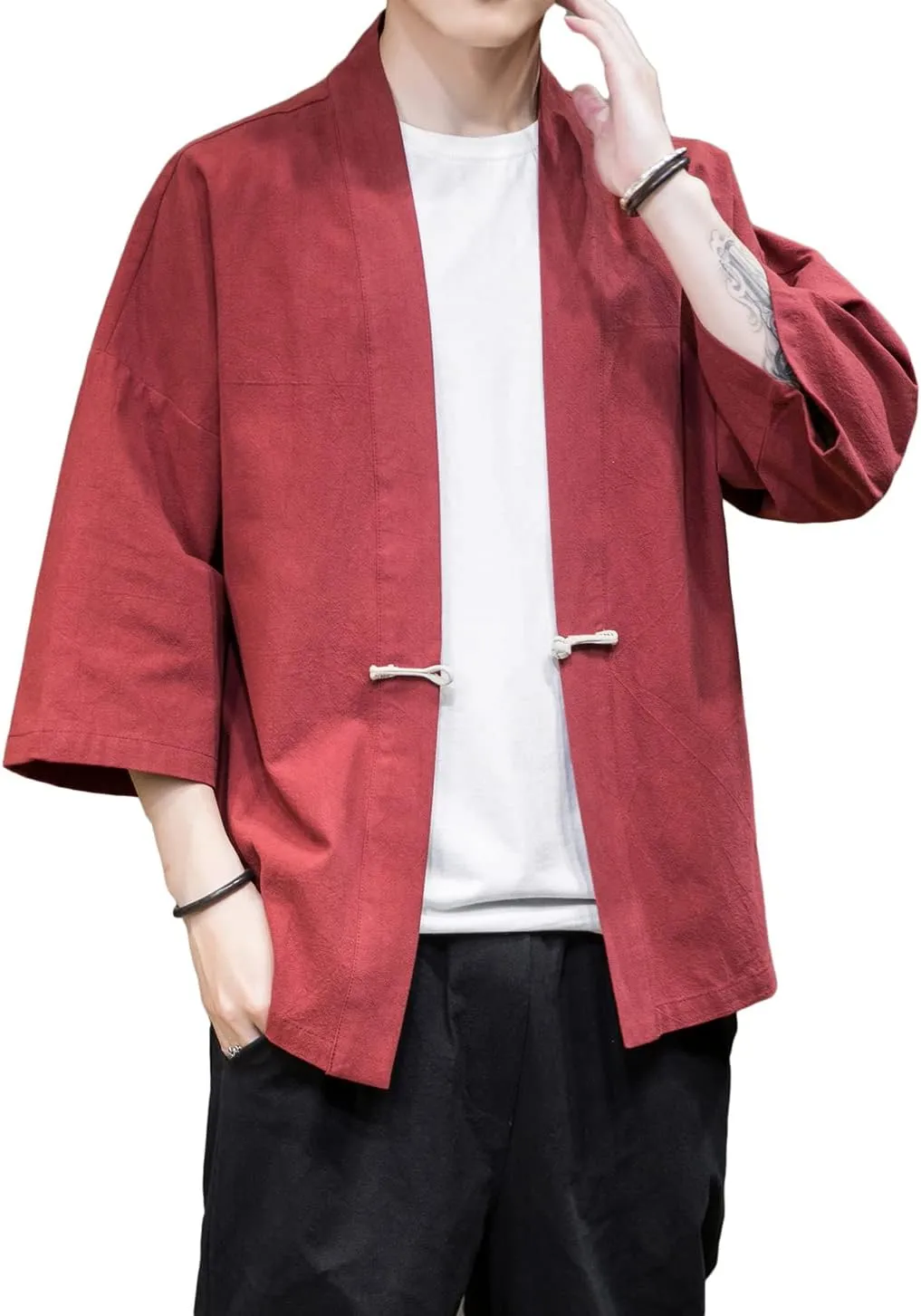 PRIJOUHE Men's Kimono Jackets Cardigan Casual Cotton Blends Linen Seven Sleeve Open Front Embroidery Coat