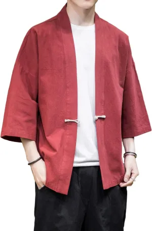 PRIJOUHE Men's Kimono Jackets Cardigan Casual Cotton Blends Linen Seven Sleeve Open Front Embroidery Coat