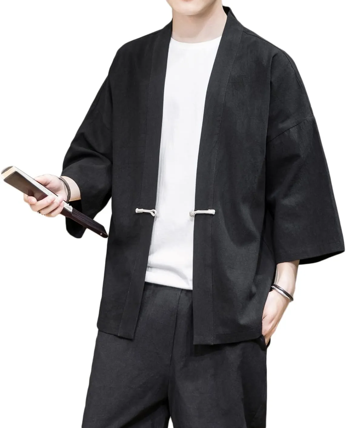 PRIJOUHE Men's Kimono Jackets Cardigan Casual Cotton Blends Linen Seven Sleeve Open Front Embroidery Coat