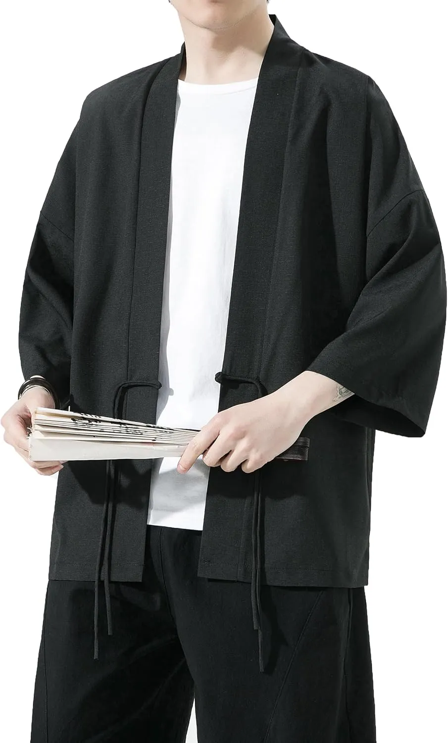 PRIJOUHE Men's Kimono Jackets Cardigan Casual Cotton Blends Linen Seven Sleeve Open Front Embroidery Coat