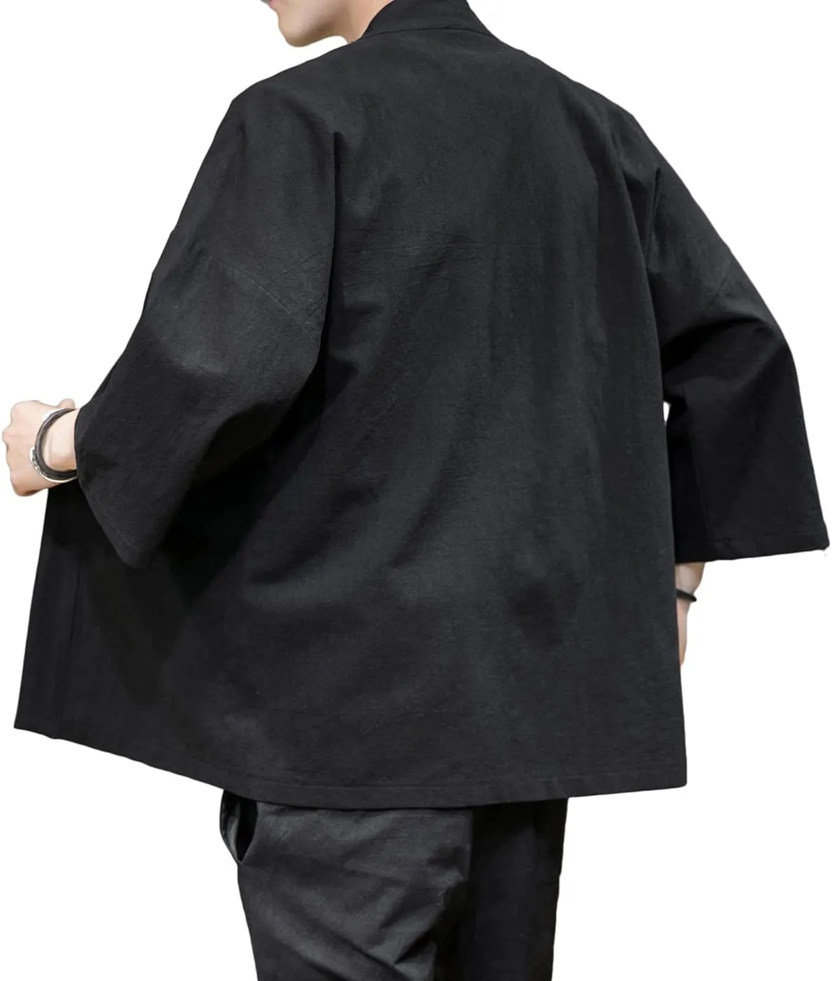 PRIJOUHE Men's Kimono Jackets Cardigan Casual Cotton Blends Linen Seven Sleeve Open Front Embroidery Coat