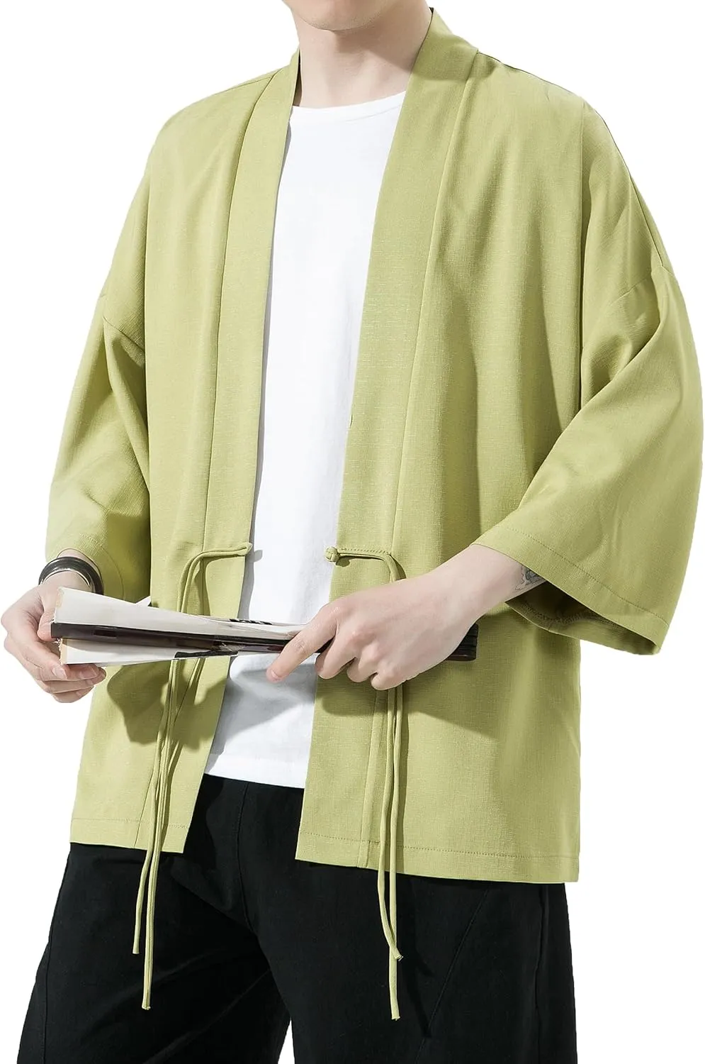 PRIJOUHE Men's Kimono Jackets Cardigan Casual Cotton Blends Linen Seven Sleeve Open Front Embroidery Coat