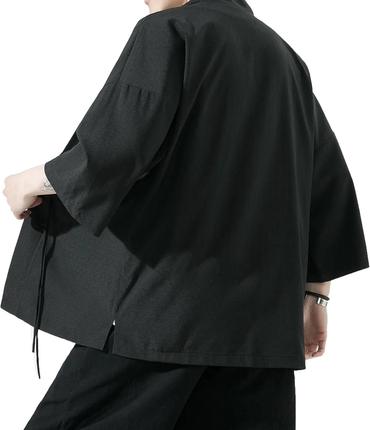 PRIJOUHE Men's Kimono Jackets Cardigan Casual Cotton Blends Linen Seven Sleeve Open Front Embroidery Coat