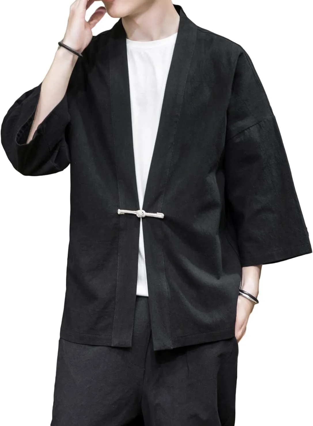 PRIJOUHE Men's Kimono Jackets Cardigan Casual Cotton Blends Linen Seven Sleeve Open Front Embroidery Coat