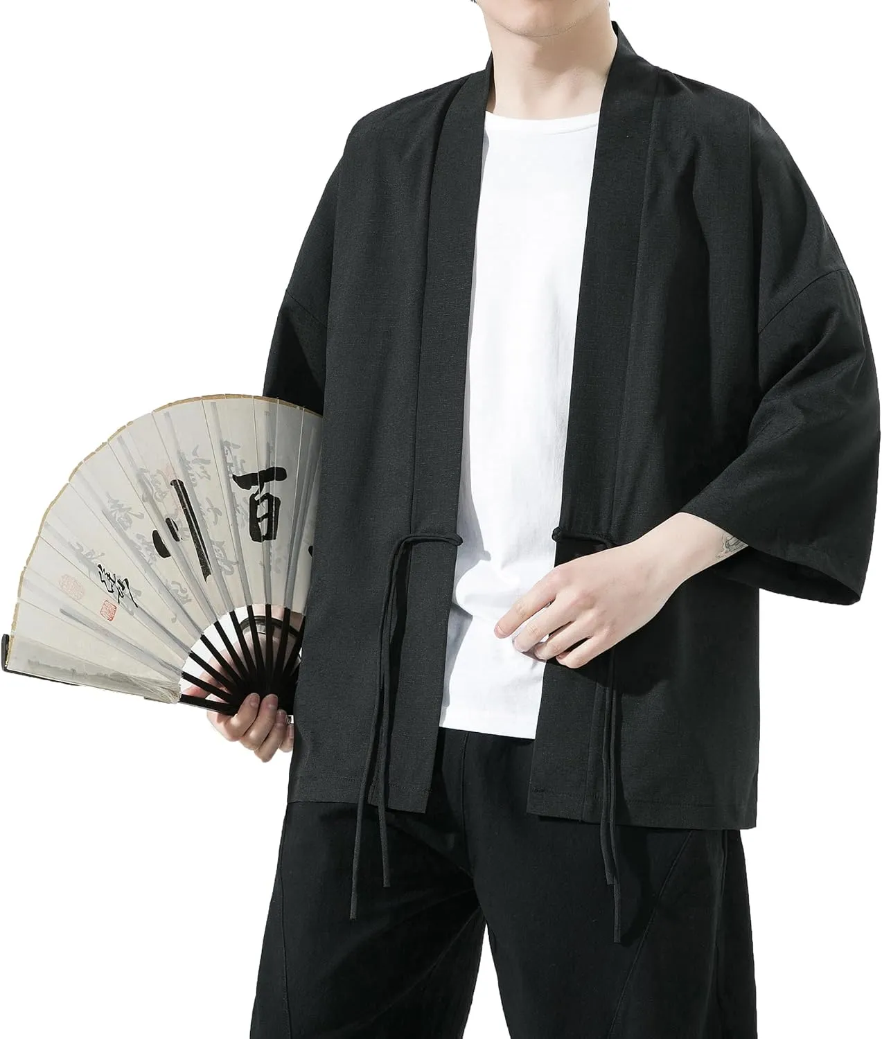 PRIJOUHE Men's Kimono Jackets Cardigan Casual Cotton Blends Linen Seven Sleeve Open Front Embroidery Coat