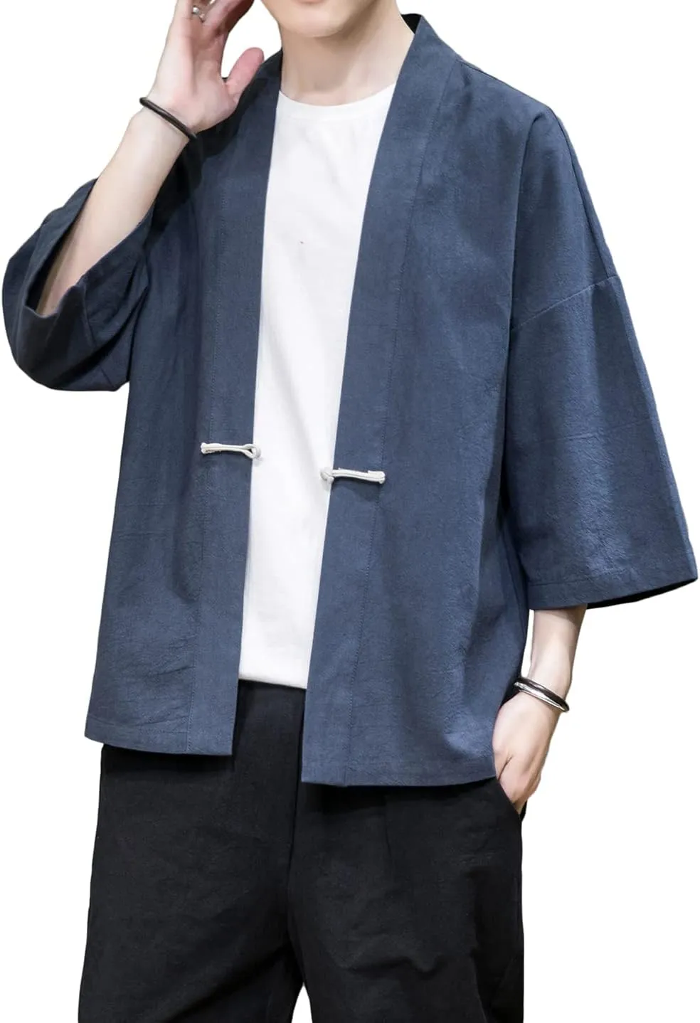 PRIJOUHE Men's Kimono Jackets Cardigan Casual Cotton Blends Linen Seven Sleeve Open Front Embroidery Coat