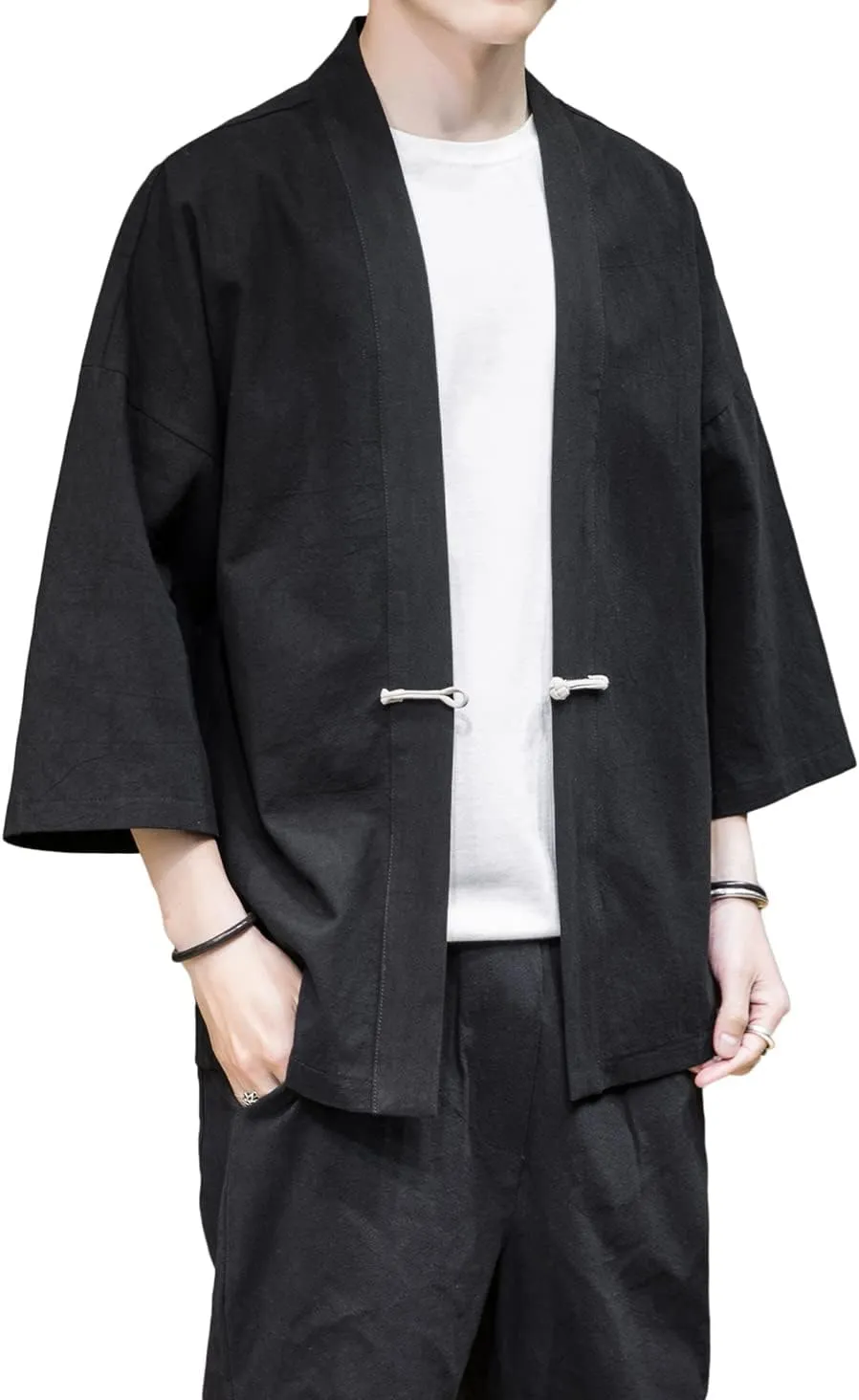 PRIJOUHE Men's Kimono Jackets Cardigan Casual Cotton Blends Linen Seven Sleeve Open Front Embroidery Coat