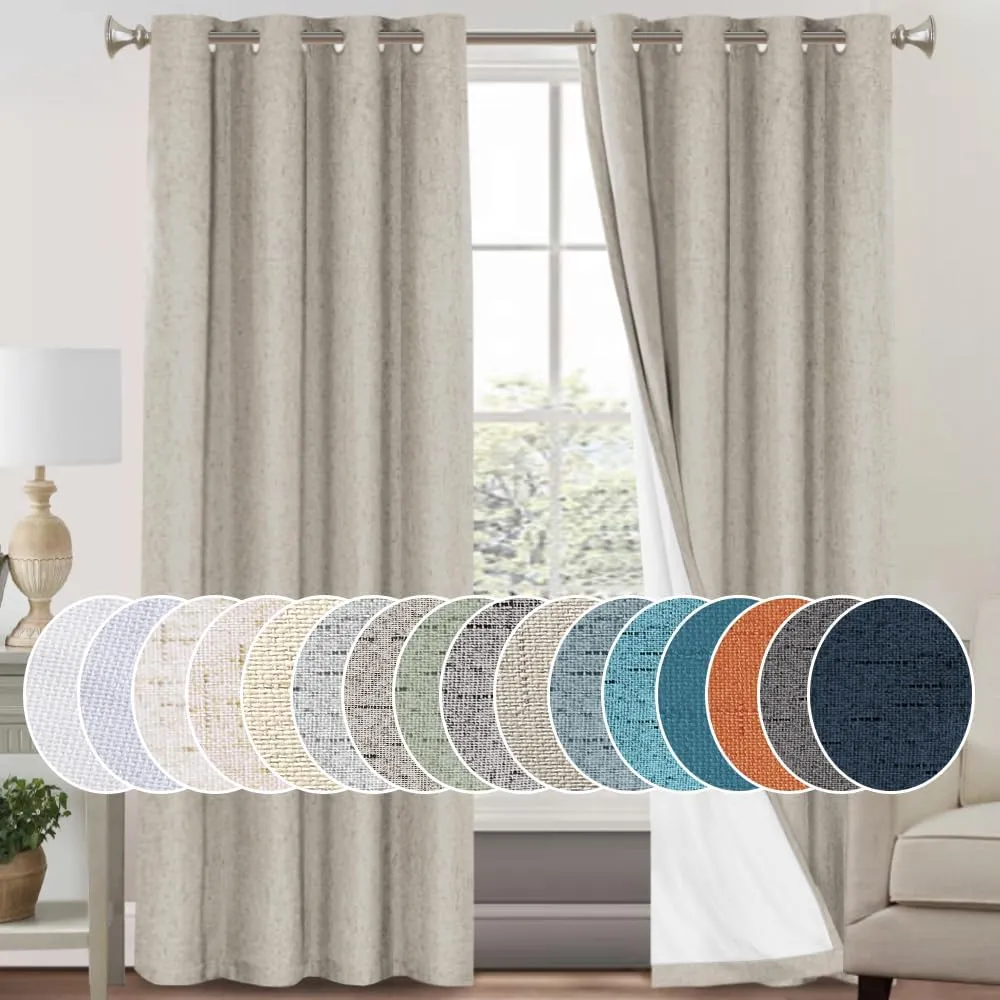 PrinceDeco 100% Blackout Curtains 96 Inches Long 2 Panels Set Linen Primitive Textured Curtains for Living Room Noise Cancelling Window Treatment Drapes for Bedroom,Cobblestone