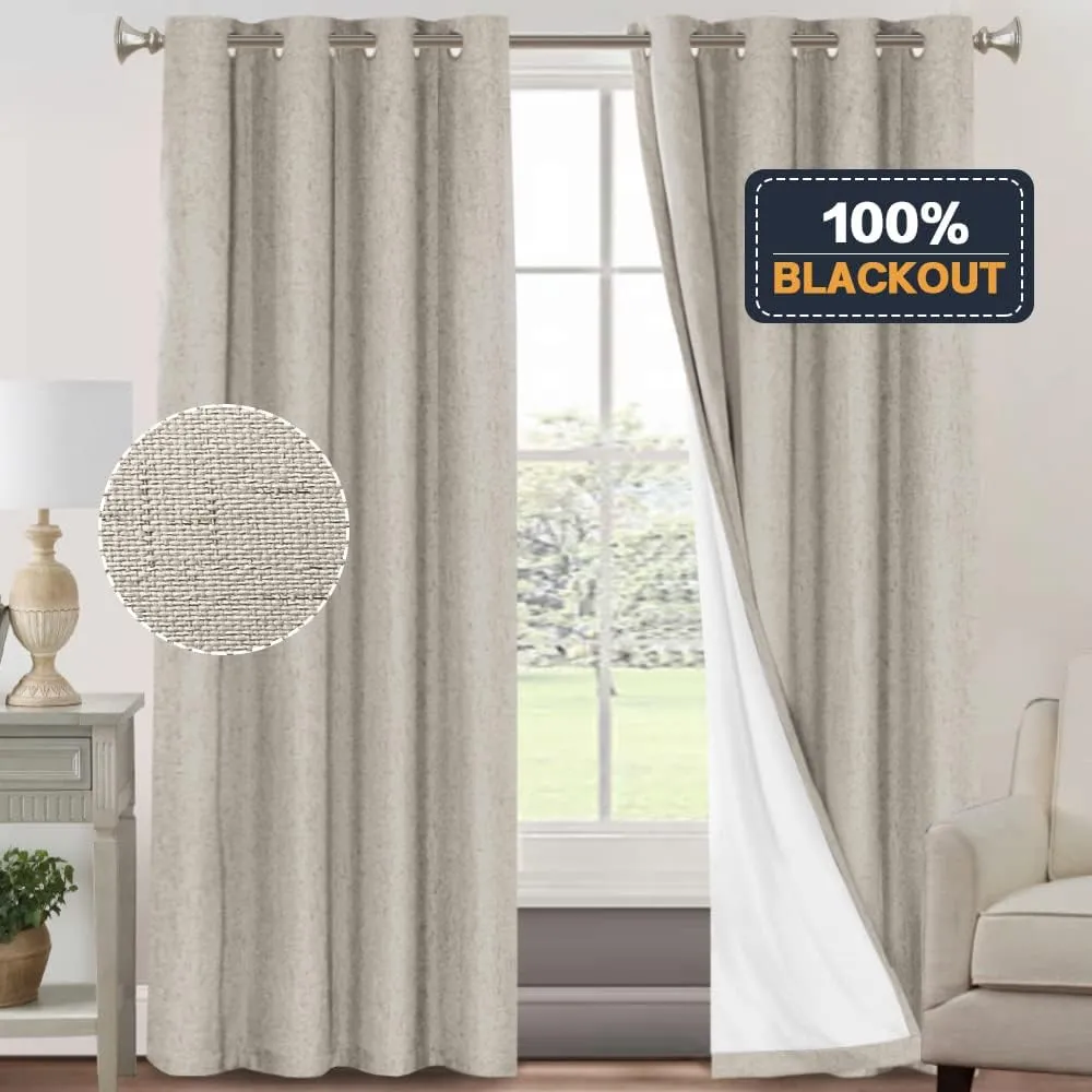 PrinceDeco 100% Blackout Curtains 96 Inches Long 2 Panels Set Linen Primitive Textured Curtains for Living Room Noise Cancelling Window Treatment Drapes for Bedroom,Cobblestone