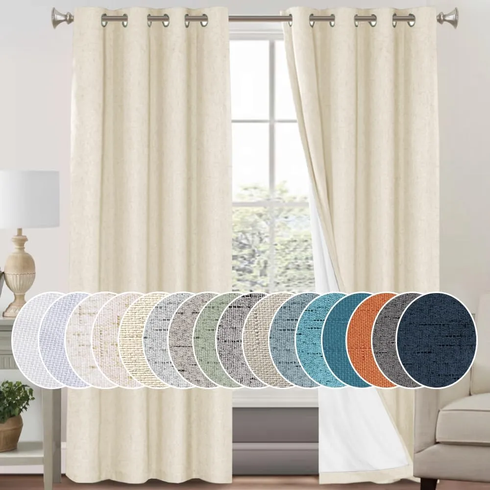 PrinceDeco 100% Blackout Curtains 96 Inches Long 2 Panels Sets Linen Black Out Curtains for Bedroom Primitive Thick Linen Curtains with White Liner,52X96 Inch,Bleached Sand