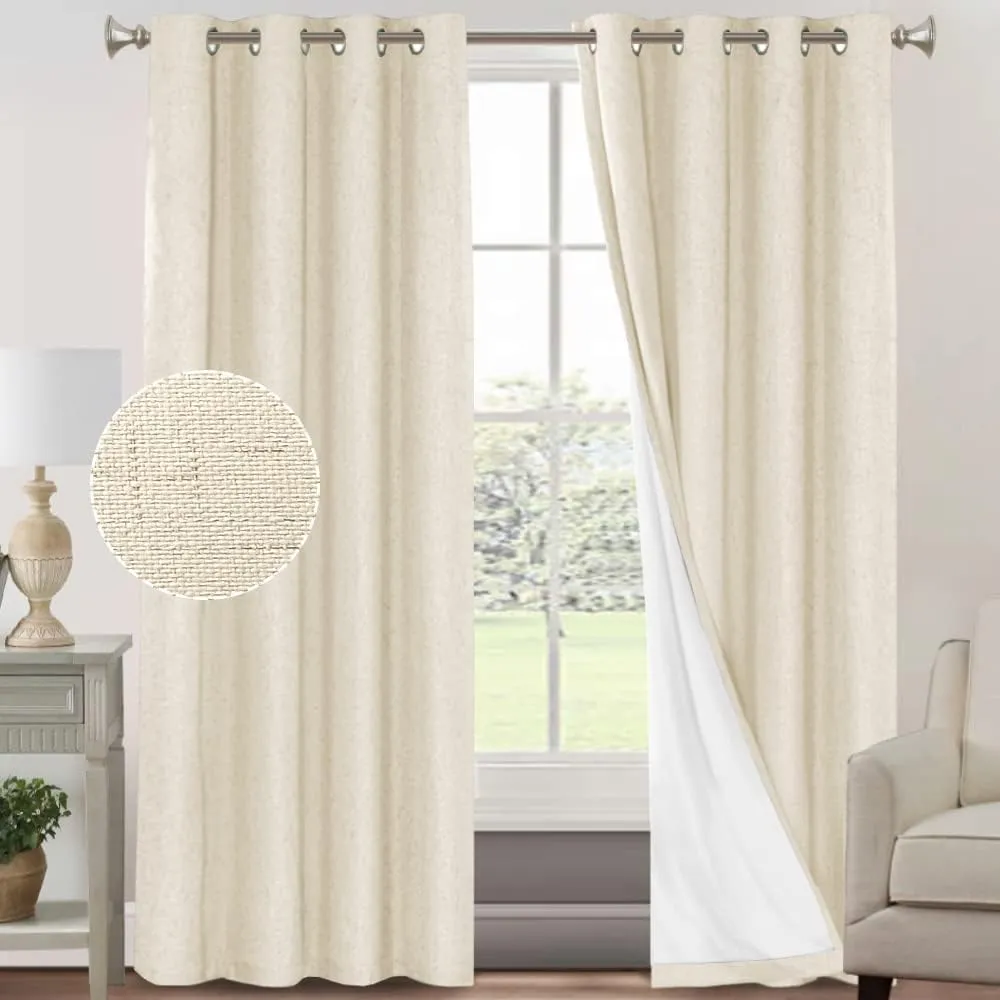 PrinceDeco 100% Blackout Curtains 96 Inches Long 2 Panels Sets Linen Black Out Curtains for Bedroom Primitive Thick Linen Curtains with White Liner,52X96 Inch,Bleached Sand