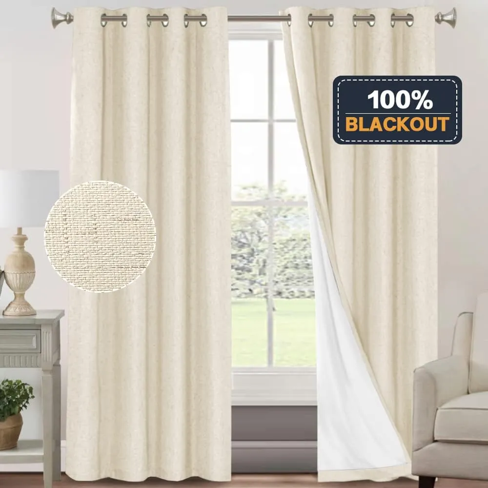 PrinceDeco 100% Blackout Curtains 96 Inches Long 2 Panels Sets Linen Black Out Curtains for Bedroom Primitive Thick Linen Curtains with White Liner,52X96 Inch,Bleached Sand