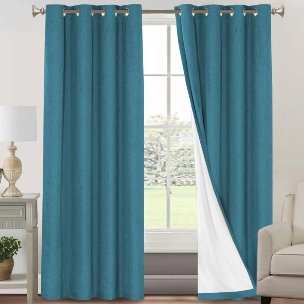 PrinceDeco Blackout Curtains 96 Inches Long 100% Blackout Curtains for Bedroom Grommet Linen Look Curtains with White Liner Grommet Linen Look Drapes 2 Panels Set, Blue Sapphire