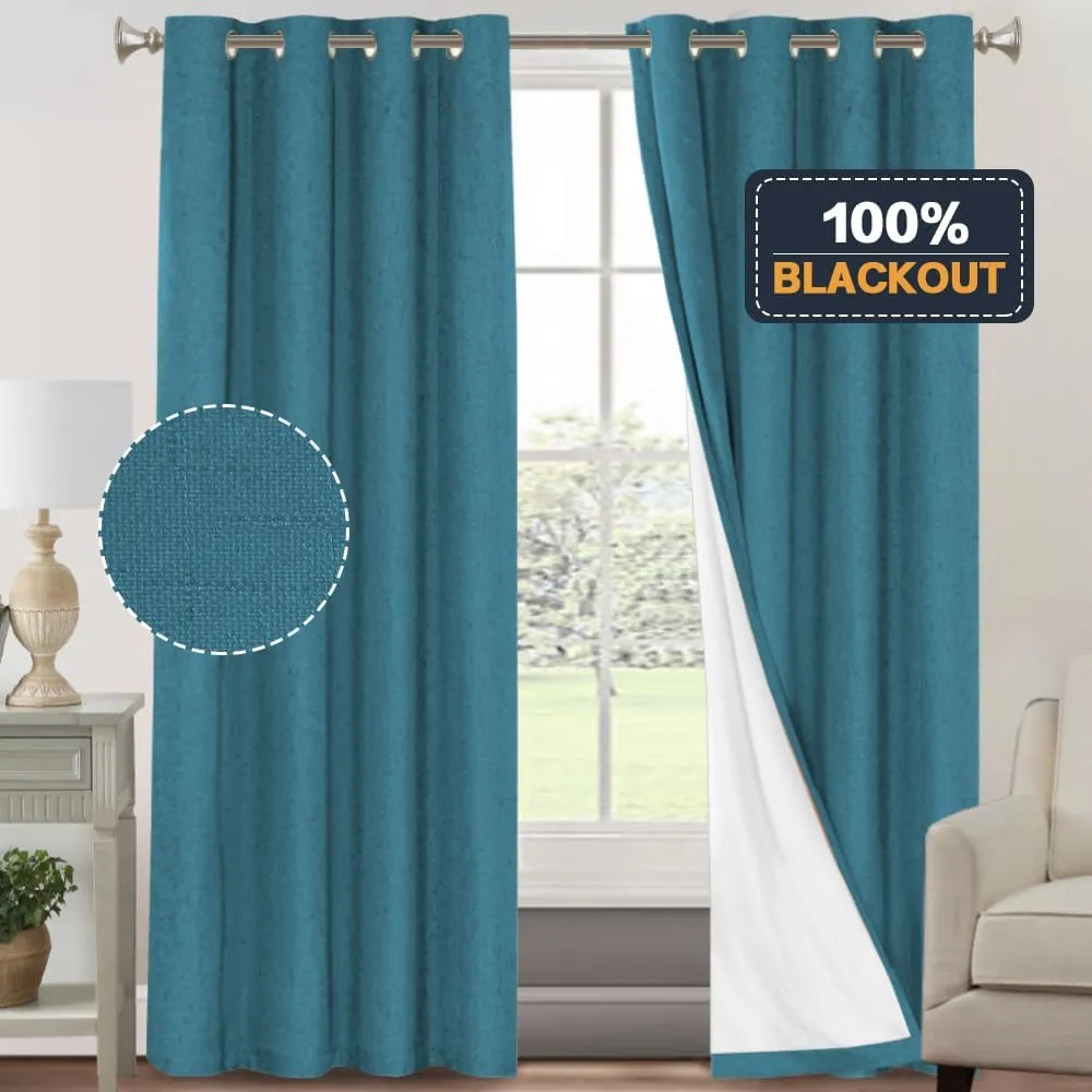 PrinceDeco Blackout Curtains 96 Inches Long 100% Blackout Curtains for Bedroom Grommet Linen Look Curtains with White Liner Grommet Linen Look Drapes 2 Panels Set, Blue Sapphire