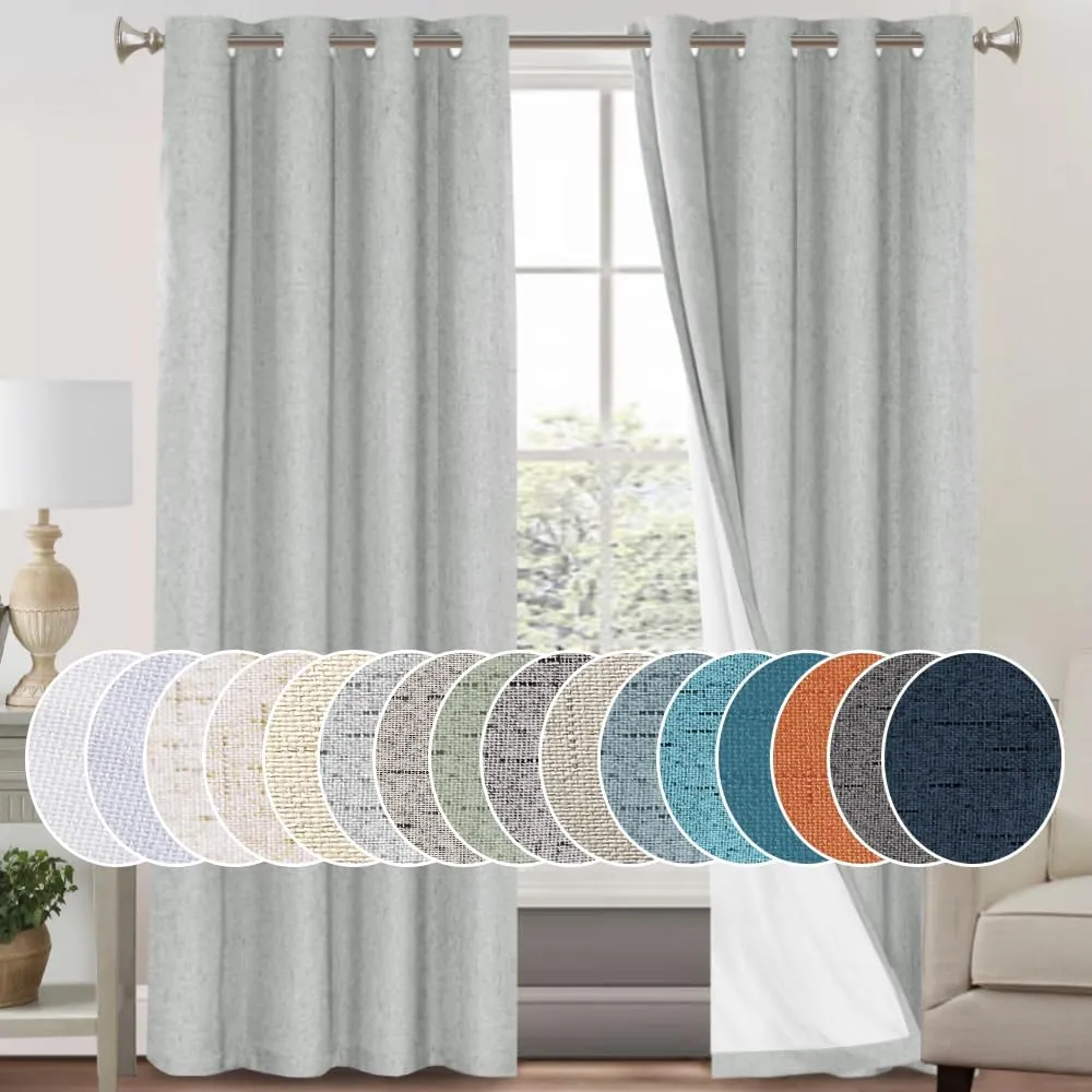 PrinceDeco Linen Blackout Curtains 84 Inches Long 100% Completely Blackout Window Treatment Thermal Insulated with White Liner Grommet Linen Textured Curtains for Living Room, 2 Panels, Glacier Grey