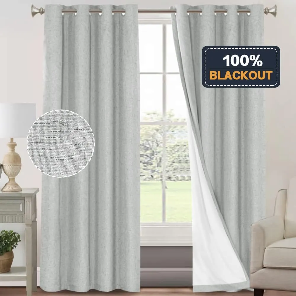 PrinceDeco Linen Blackout Curtains 84 Inches Long 100% Completely Blackout Window Treatment Thermal Insulated with White Liner Grommet Linen Textured Curtains for Living Room, 2 Panels, Glacier Grey