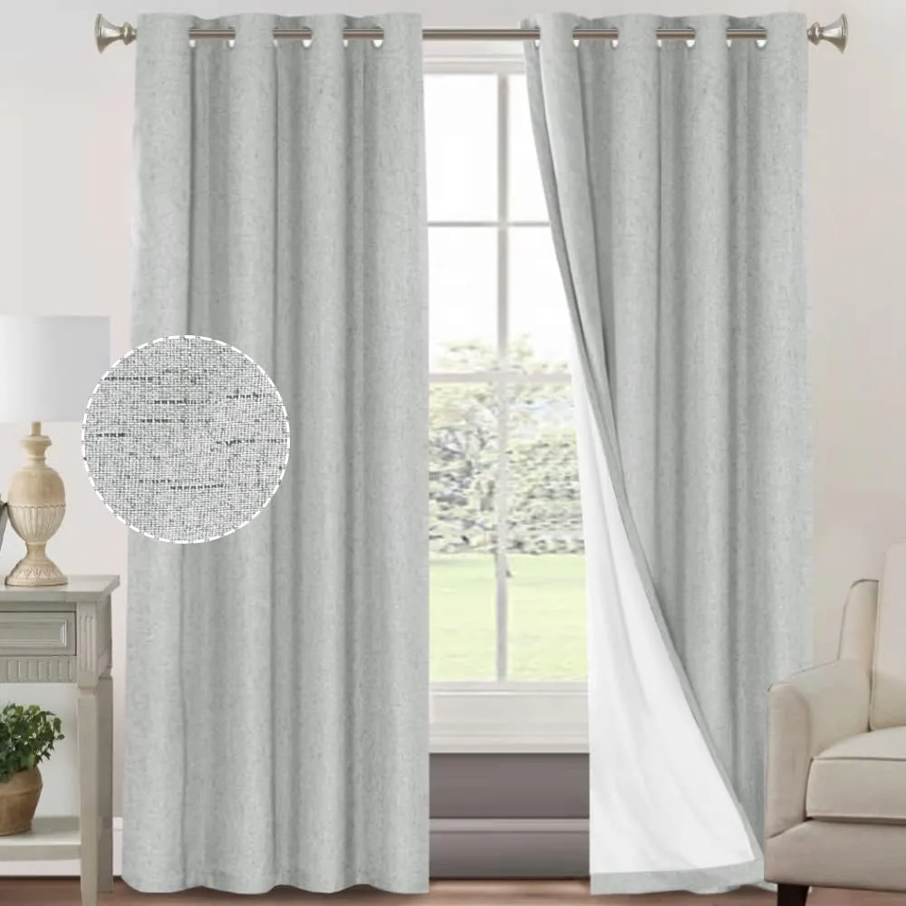 PrinceDeco Linen Blackout Curtains 84 Inches Long 100% Completely Blackout Window Treatment Thermal Insulated with White Liner Grommet Linen Textured Curtains for Living Room, 2 Panels, Glacier Grey