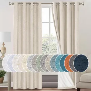 PrinceDeco Primitive Textured Linen 100% Blackout Curtains for Bedroom/Living Room Energy Saving Window Treatment Curtain Drapes, Burlap Fabric with White Thermal Insulated Liner (52 x 96in, Natural)