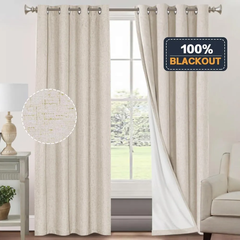 PrinceDeco Primitive Textured Linen 100% Blackout Curtains for Bedroom/Living Room Energy Saving Window Treatment Curtain Drapes, Burlap Fabric with White Thermal Insulated Liner (52 x 96in, Natural)