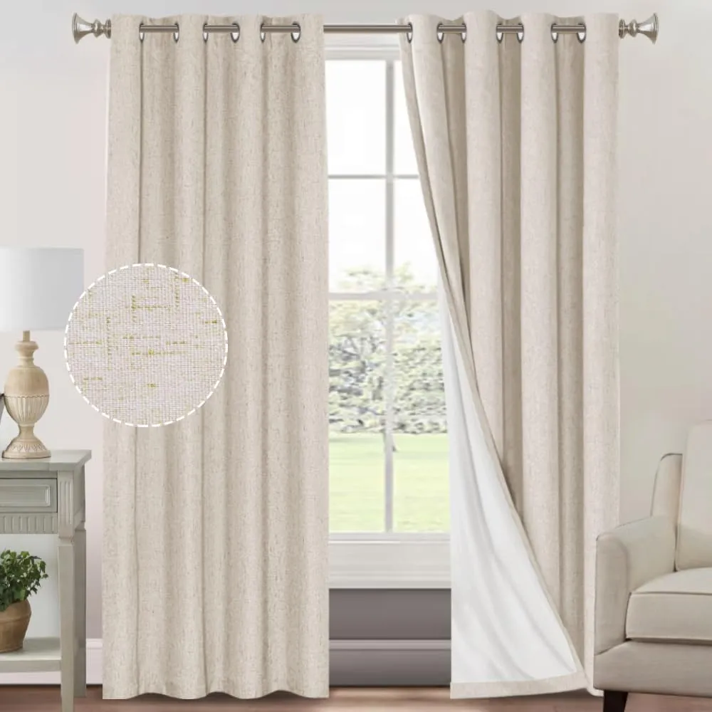 PrinceDeco Primitive Textured Linen 100% Blackout Curtains for Bedroom/Living Room Energy Saving Window Treatment Curtain Drapes, Burlap Fabric with White Thermal Insulated Liner (52 x 96in, Natural)