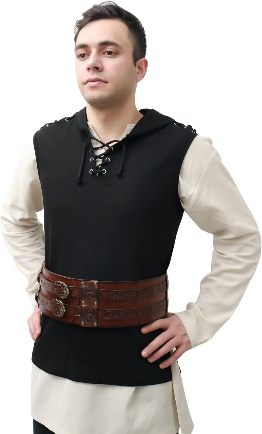 PROCOS Mens Medieval Undershirts Retro Linen Tunic Long Sleeve Shirts Pirate Reenactment