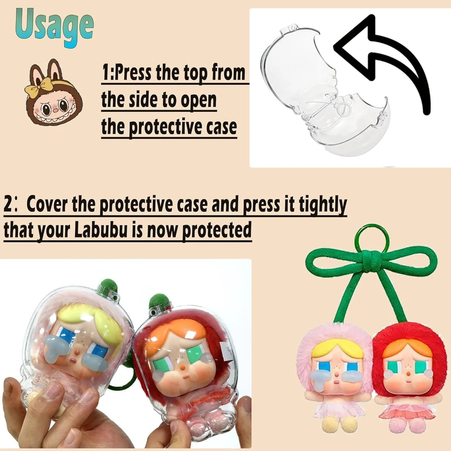 Protective Case Compatible for Cry Baby Cherry Transparent Acrylic Clear Bag Keychain Hanging Display Case,Protective Case,Plastic PVC Storage Box Gift Doll Not Include (Cherry)