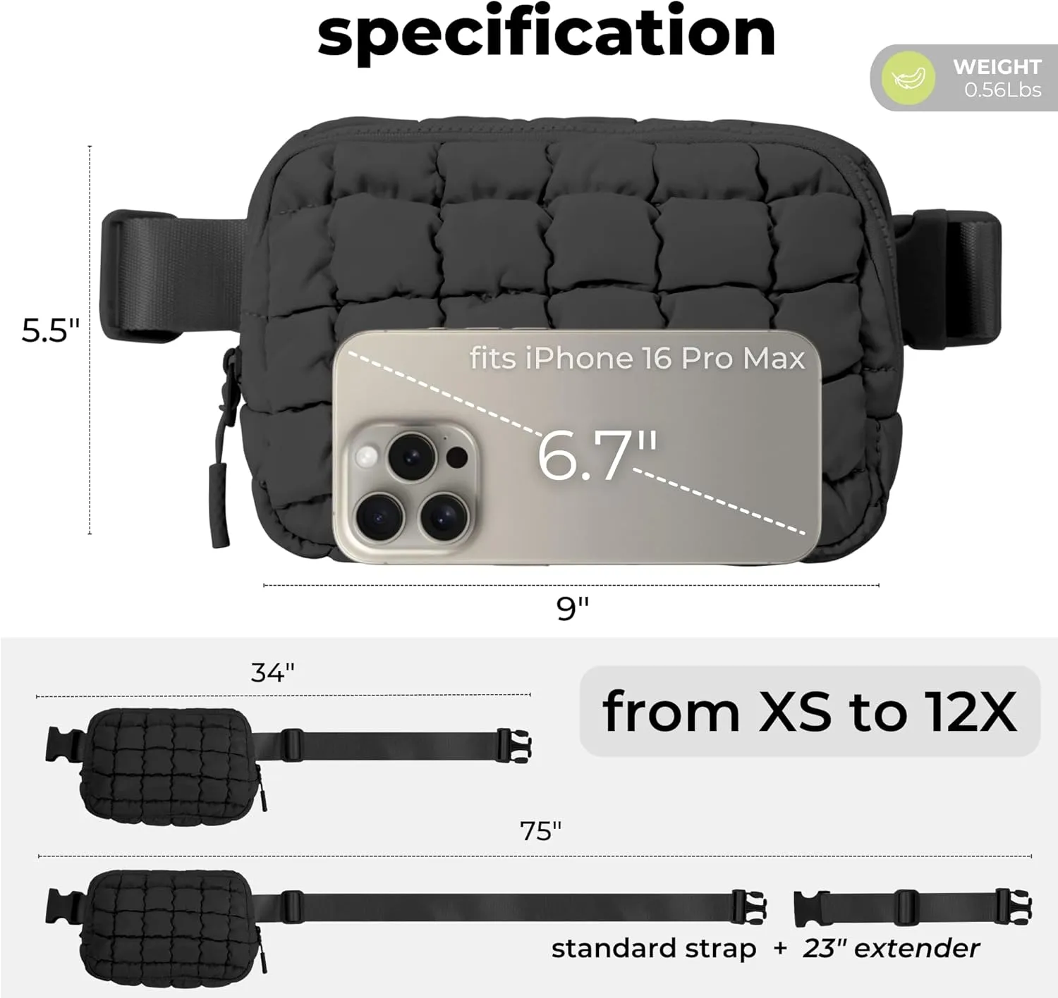 Puffer Crossbody Bag for Women – Plus Size Friendly Belt Bag – Quilted Fanny Pack w/Extender – Extra Long Strap 75" Fits XS-12X – Mini Puffer Bag for Travel Gym Trending Gift for Women (Black)