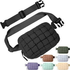 Puffer Crossbody Bag for Women – Plus Size Friendly Belt Bag – Quilted Fanny Pack w/Extender – Extra Long Strap 75" Fits XS-12X – Mini Puffer Bag for Travel Gym Trending Gift for Women (Black)