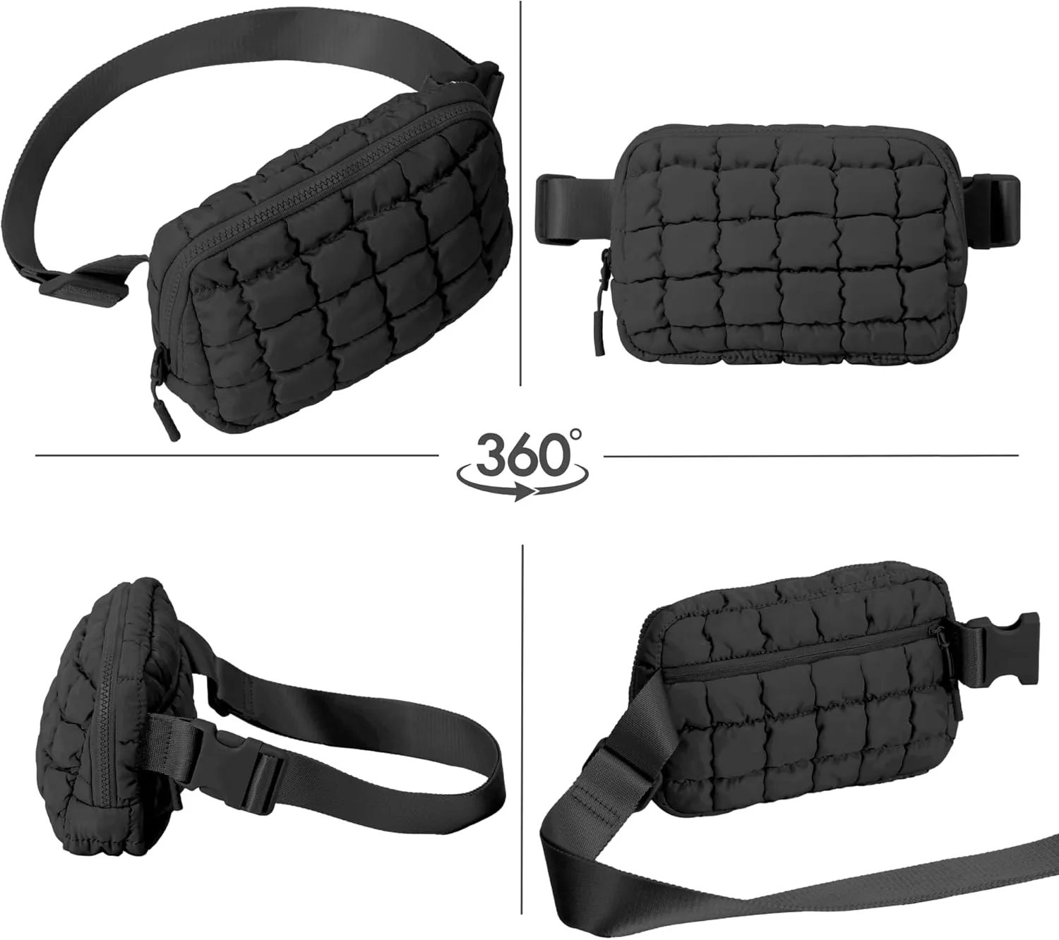 Puffer Crossbody Bag for Women – Plus Size Friendly Belt Bag – Quilted Fanny Pack w/Extender – Extra Long Strap 75" Fits XS-12X – Mini Puffer Bag for Travel Gym Trending Gift for Women (Black)