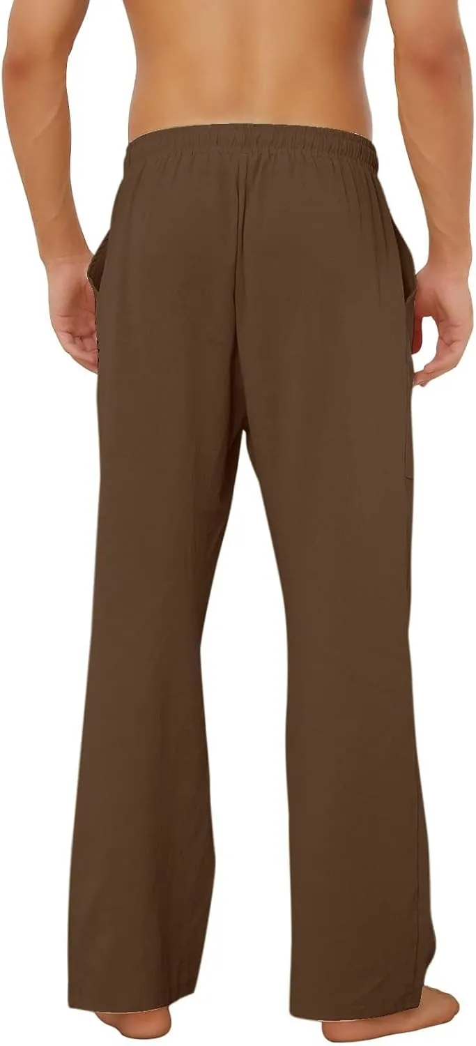 Puimentiua Cotton Linen Pants Men, Summer Beach Pants Loose Fit with Elastic Waist Drawstring