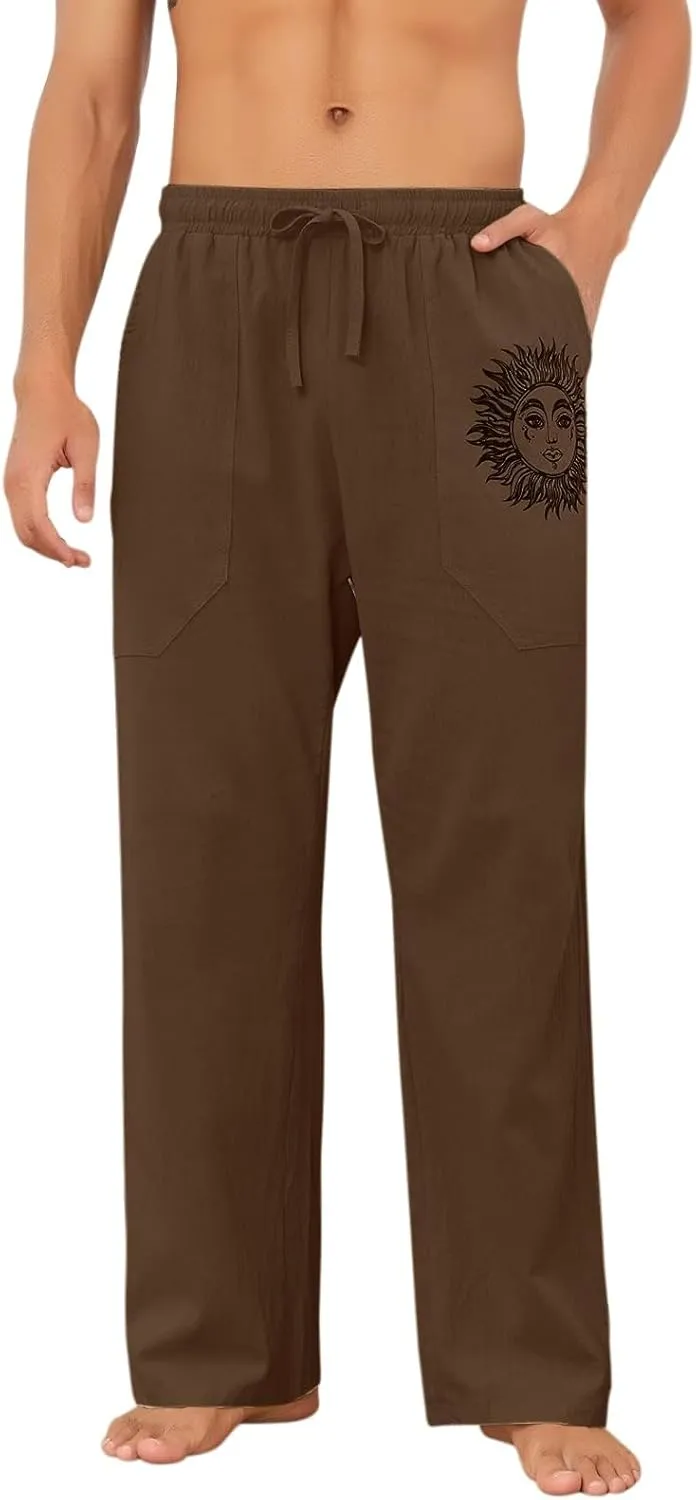 Puimentiua Cotton Linen Pants Men, Summer Beach Pants Loose Fit with Elastic Waist Drawstring