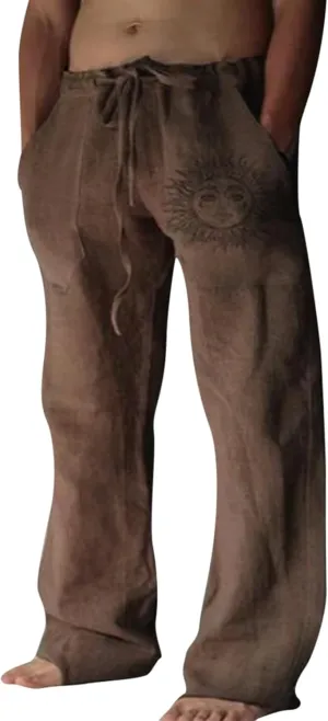 Puimentiua Cotton Linen Pants Men, Summer Beach Pants Loose Fit with Elastic Waist Drawstring