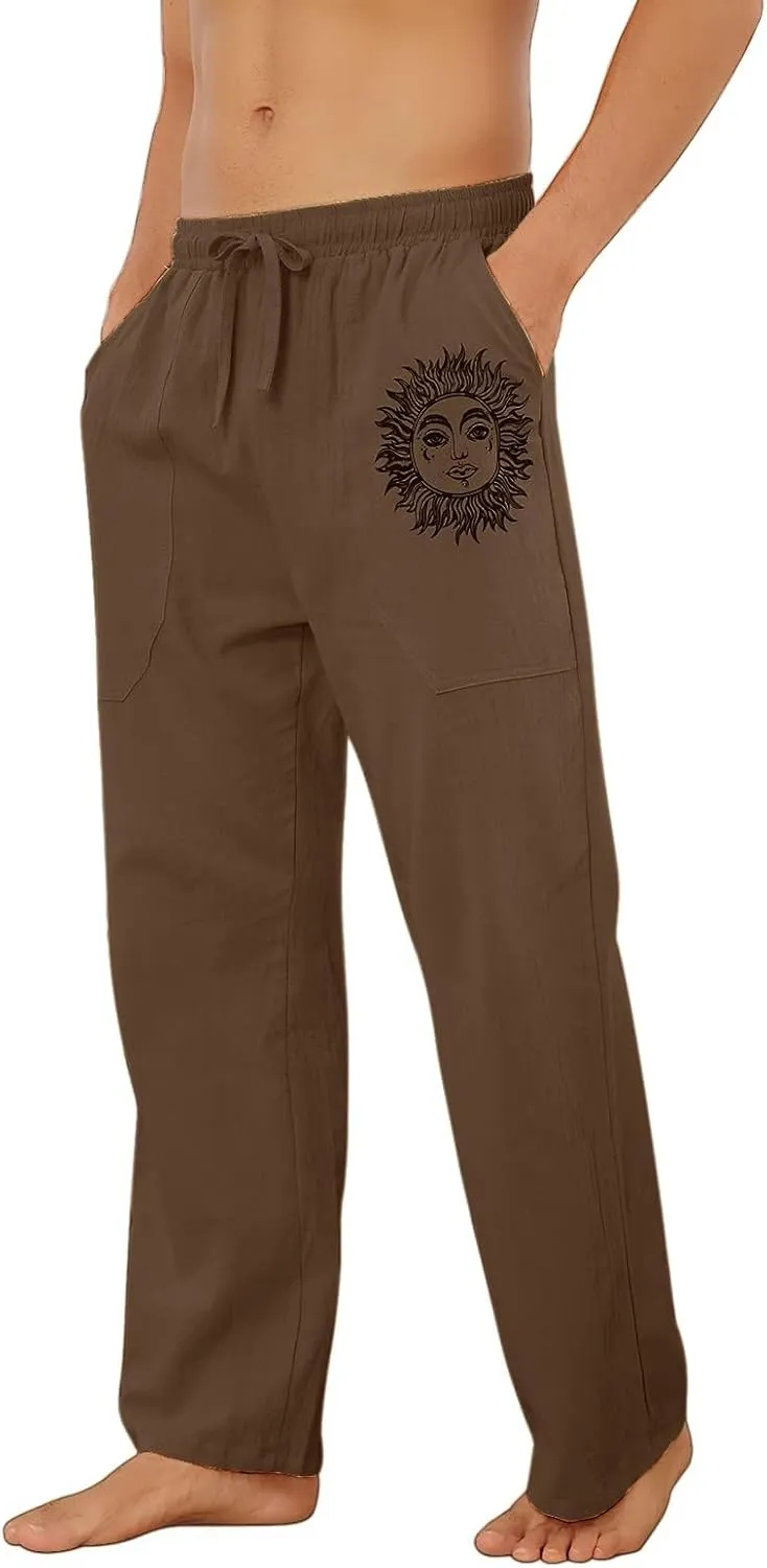 Puimentiua Cotton Linen Pants Men, Summer Beach Pants Loose Fit with Elastic Waist Drawstring