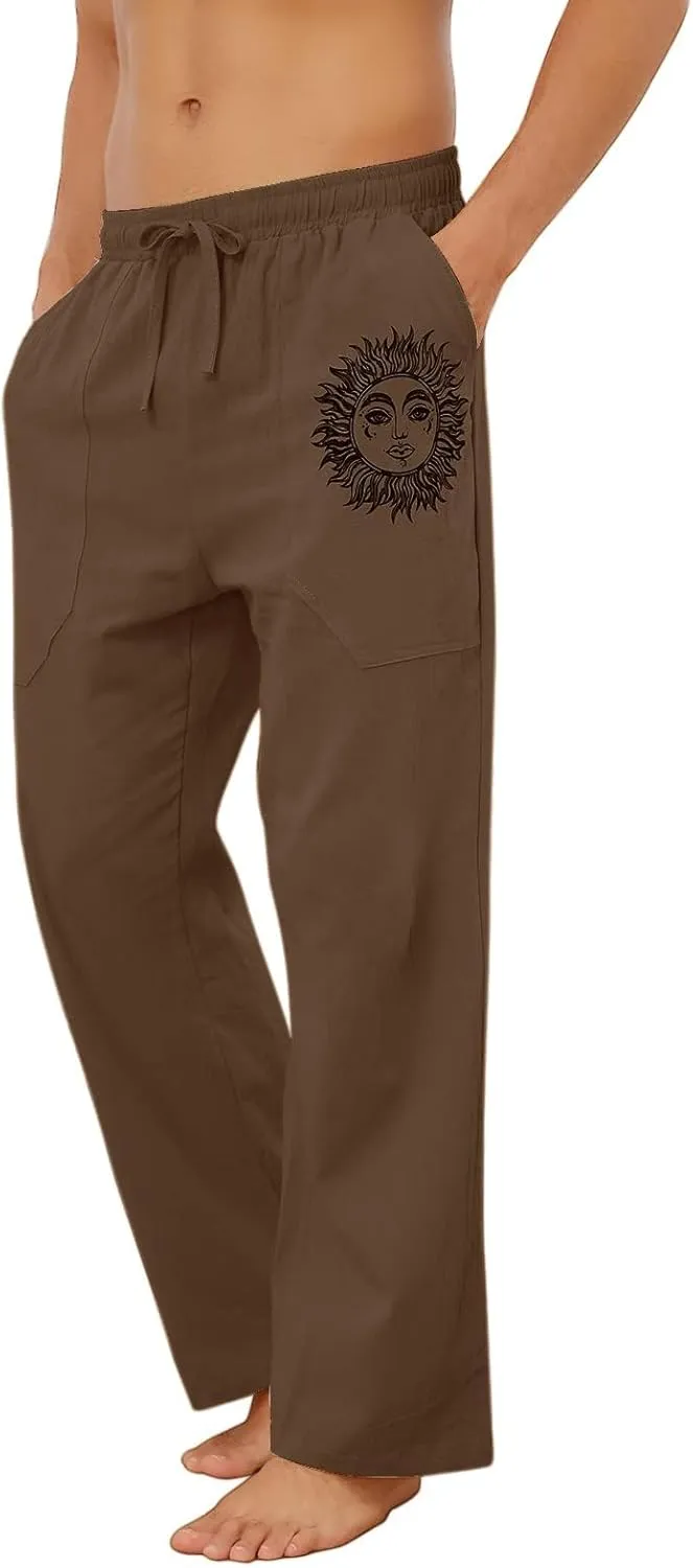 Puimentiua Cotton Linen Pants Men, Summer Beach Pants Loose Fit with Elastic Waist Drawstring