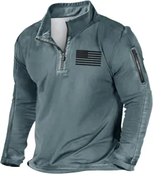 Quarter Zip Pullover Men American Flag Graphic Patriotic Tactical Sweatshirt Casual Stand Collar Top with Side Pocket