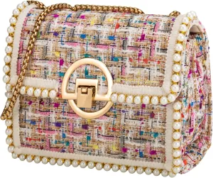 Quilted Shoulder Bag Purse for Women Fashion Tweed Pearl Clutch Handbag Designer Small Crossbody Bag, with Chain Strap