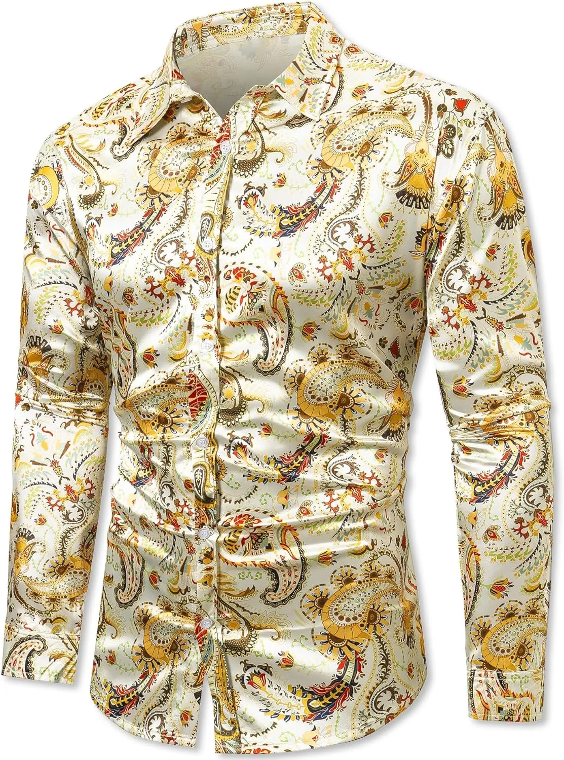 QZH.DUAO Mens 70s Disco Linen Shirts Casual Paisley Tops Floral Vintage Long Sleeve Shirt