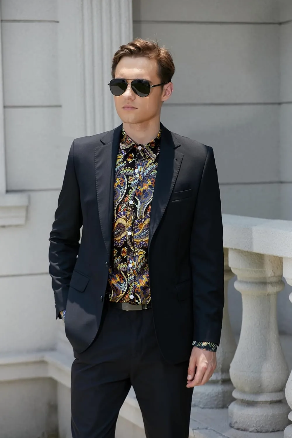 QZH.DUAO Mens 70s Disco Linen Shirts Casual Paisley Tops Floral Vintage Long Sleeve Shirt