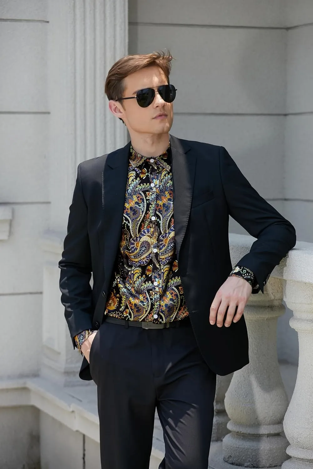 QZH.DUAO Mens 70s Disco Linen Shirts Casual Paisley Tops Floral Vintage Long Sleeve Shirt