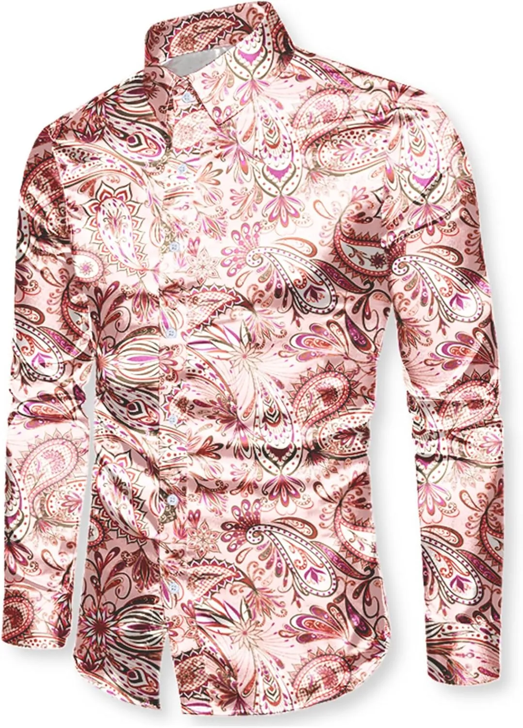 QZH.DUAO Mens 70s Disco Linen Shirts Casual Paisley Tops Floral Vintage Long Sleeve Shirt